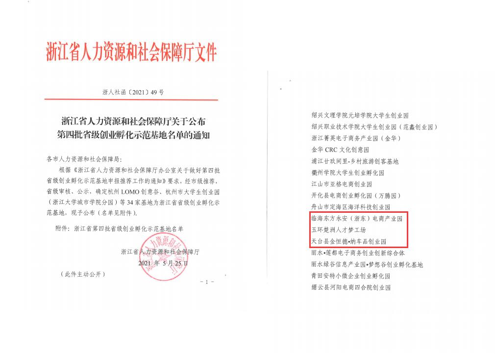 喜讯！临海东方永安（浙东）电商产业园获评省级创业孵化示范基地